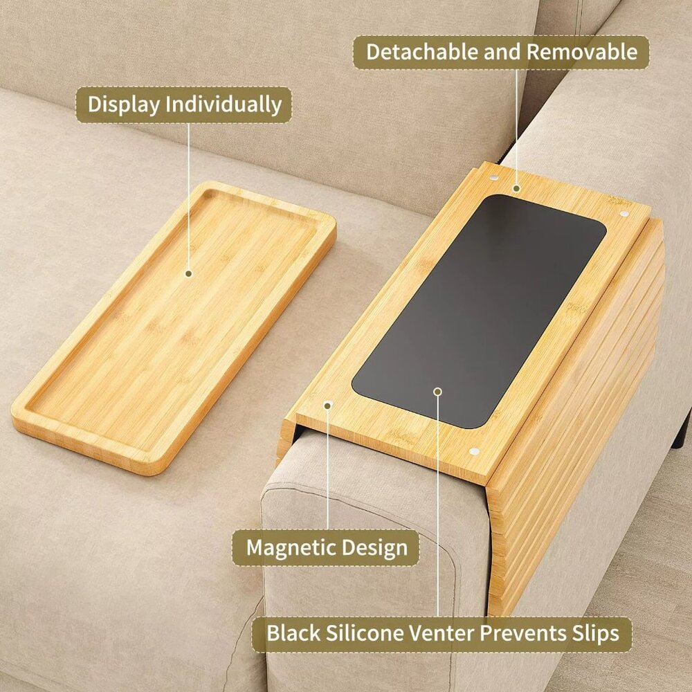 Bamboo Couch Cup Holder Arm Tray for Snack and Phone(1 Pack)